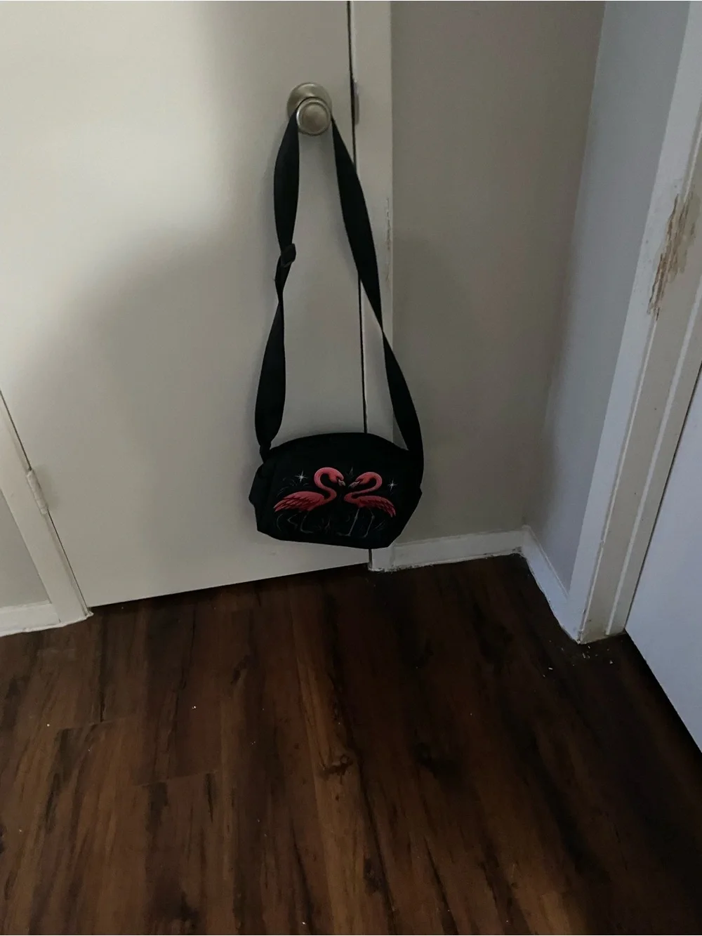 Black Crossbody Bag with Pink Flamingo Graphic